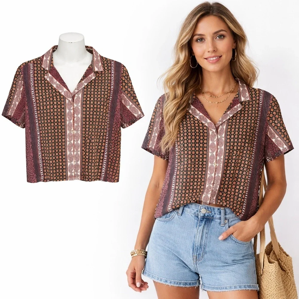 Rachel Zoe | 100% Linen Boho Patchwork Button Down Blouse Top | Size S